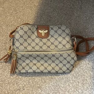 Brown and Cream Crossbody Bag with Bee Accent